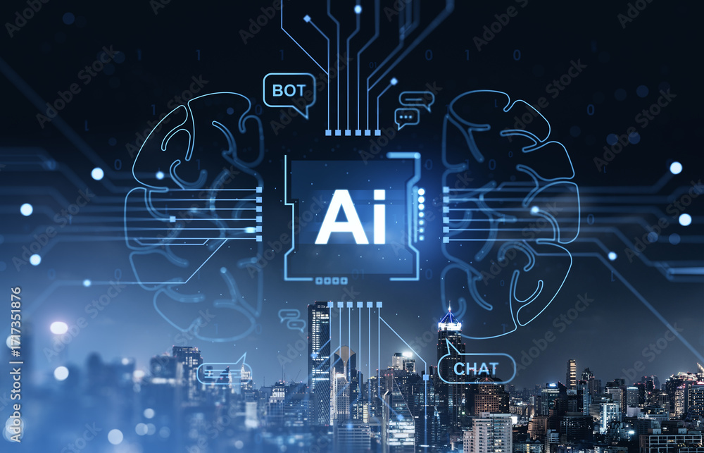 Poster futuristic ai bot and chat interface over digital brain and cityscape background.