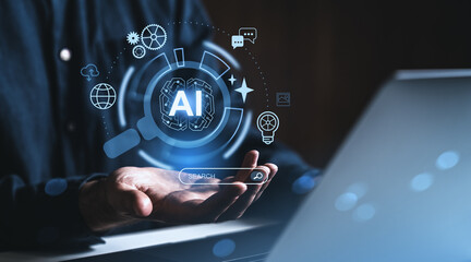 Human hand holding digital AI interface with technology icons and magnifier.