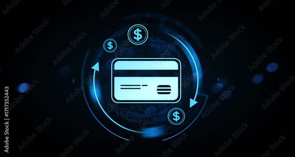 Aufkleber digital credit card icon with dollar symbols in futuristic glowing interface on dark background, rep