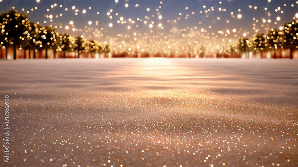 Poster Serene landscape featuring snow covered ground that sparkles with glowing lights, creating magical atmosphere. scene is enhanced by softly illuminated trees background, evoking sense of wonder