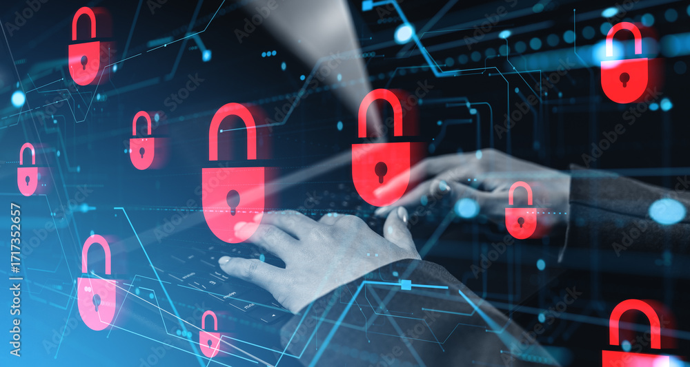 Poster red padlocks representing cybersecurity concept over hands typing on keyboard.