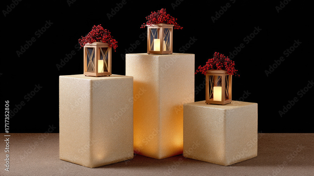 Poster elegant christmas podiums with decorative lanterns and red berries create warm and inviting atmosphe