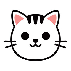 A simple, cute cartoon illustration of a white tabby cat's head with black stripes and a friendly expression.