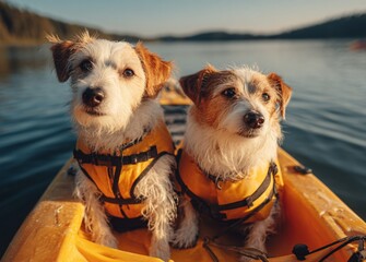 Two Jack Russell Terriers in a yellow kayak wearing life jackets, representing teamwork, boating, and pet water safety