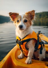 Papillon wearing a bright yellow life jacket sitting on a kayak, representing small-dog boating and careful water safety