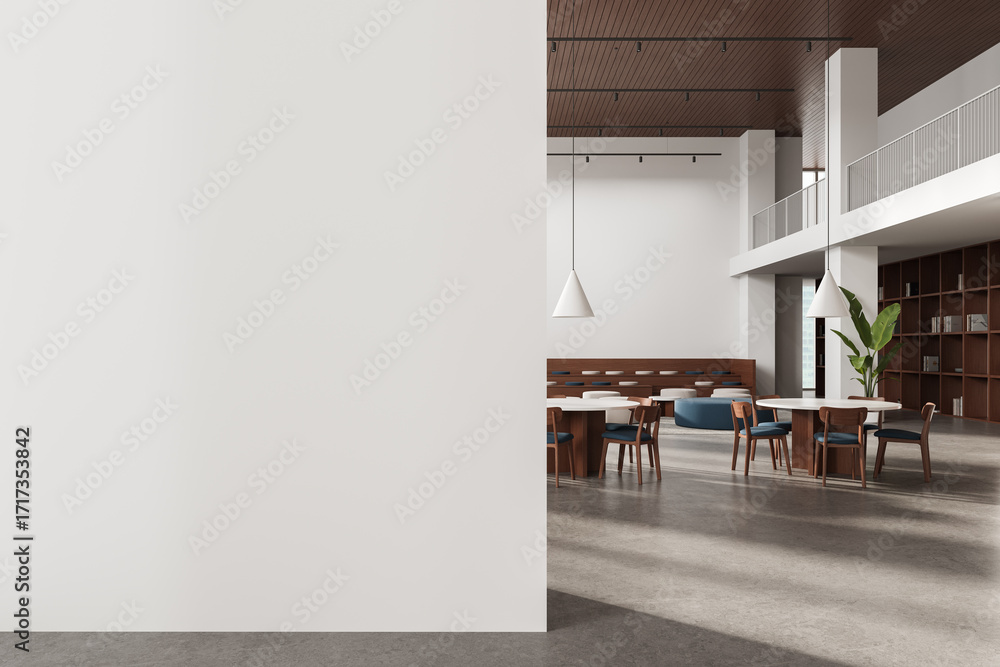 Poster modern interior architecture with round tables, pendant lights and empty wall for poster mockup in s
