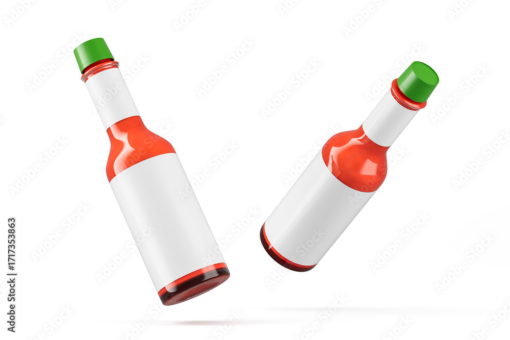 Poster two red sauce bottles with blank labels and green caps floating against white background for brandin