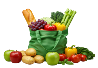 Green reusable bag overflowing with fresh produce: grapes, bell peppers, tomatoes, baguette, clean transparent studio background, commercial produce display concept.