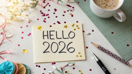 Festive celebration setup for New Year 2026 featuring decorations, confetti, coffee, and a cheerful greeting on a notepad