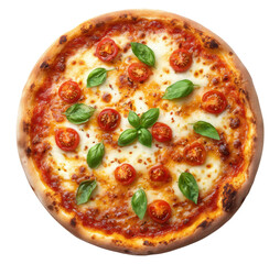 Classic margherita pizza with mozzarella, cherry tomatoes and basil leaves viewed from above, isolated on transparent background