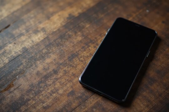 Black screen smartphone & tablet on rustic wood , modern, tech