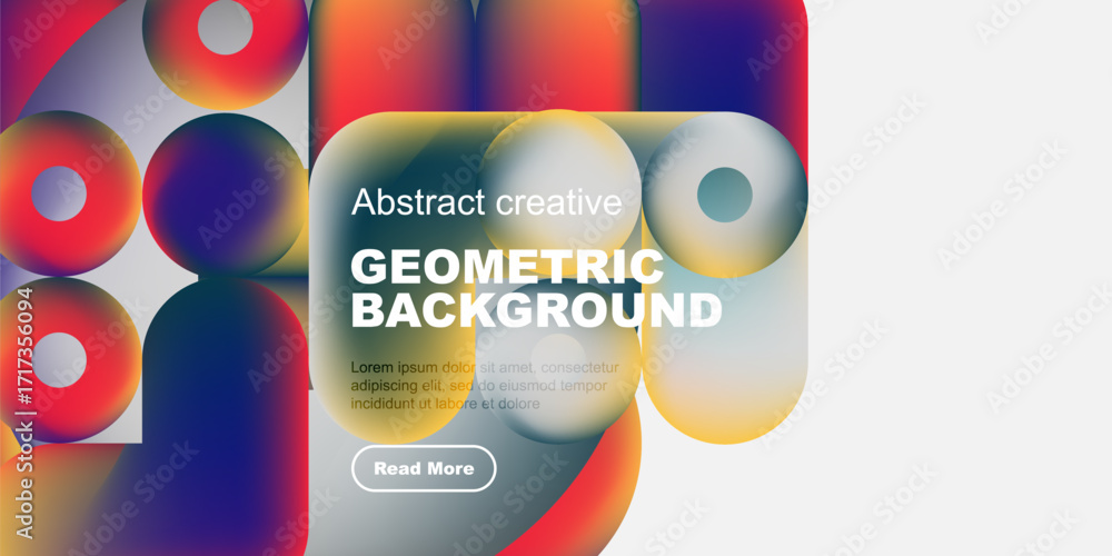 Poster vibrant geometric shapes overlap, creating colorful abstract background. text promotes creative desi
