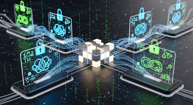 Secure digital network with glowing data streams and locked cloud icons connecting devices globally