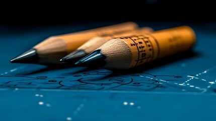 Close-up of three pencils on a dark blue surface with intricate drawings
