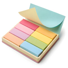 A sticky notes pad isolated on white background, featuring small, colorful adhesive sheets ideal for reminders, messages