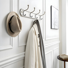 A wall-mounted coat hook isolated on a white background, designed for hanging coats, hats, bags,