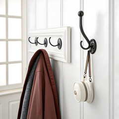 A wall-mounted coat hook isolated on a white background, designed for hanging coats, hats, bags,
