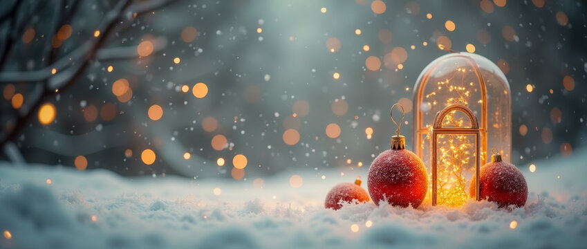 Stylized Christmas tree under glass dome in a snow-covered scenery