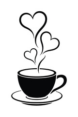 Black and White Coffee Cup with Heart-Shaped Steam and Saucer