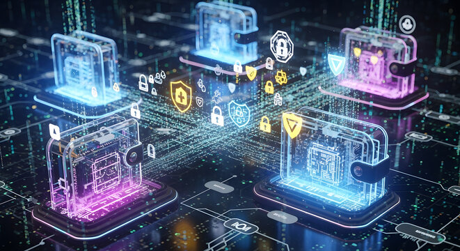 Secure digital wallets glowing with vibrant neon data streams protecting global finance and technology