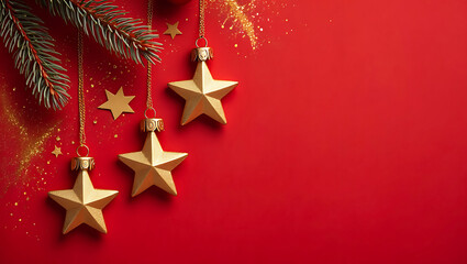 Elegant Christmas Background with Golden Star Ornaments and Festive Sparkle on a Vibrant Red Surface Perfect for Holiday Greetings