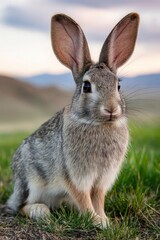 Fototapeta premium A wild jackrabbit sits amongst green grass in a natural setting