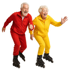 Elderly couple roller skating and laughing in colorful tracksuits  