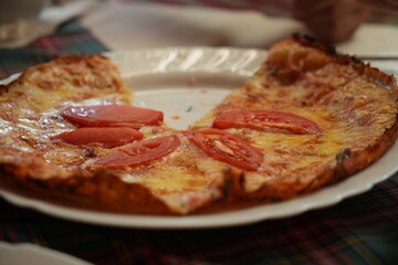 Pizza with cheese and tomato slices close up – traditional Italian food on plate, delicious baked fast food, tasty lunch or dinner meal, restaurant cuisine and homemade cooking background