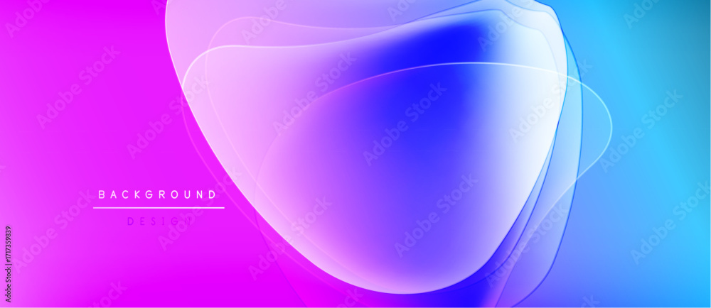 Poster abstract fluid shapes blend vibrant pinks, blues. gradient background creates dynamic visual effect.