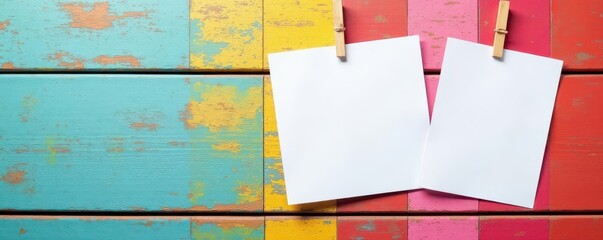 Blank polaroid photos on colorful painted wood surface, background, colorful wood, three