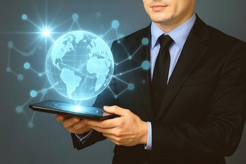 Businessman holding a tablet with digital earth hologram and network connection