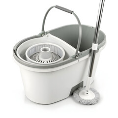A plastic mop bucket isolated on white background, designed for easy water storage and wringing to facilitate effective