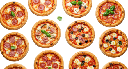 Twelve distinct whole Italian pizzas, golden crusts, diverse toppings, bubbling cheeses, basil/salt, arranged 2x6 grid on transparent, top-down, commercial food photography, concept of delicious food