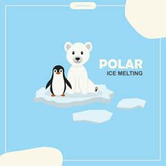 Polar Ice Melting. Blue poster design showing polar bear and penguin on melting ice floe. Global warming concept. Climate change. Biodiversity loss concept. Flat style. Vector illustration