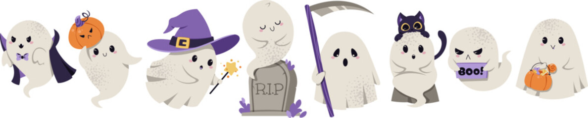 Cute Halloween Ghosts Collection Flat Vector Set. Spooky Characters with Vampire Cape, Witch Hat, Candy Bag, Tombstone, Black Cat and Scythe. Perfect for Stickers, Posters, Halloween Party Decor