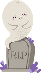 Cute Ghost Sitting on Tombstone Flat Vector Illustration Isolated on White. Halloween Character for Spooky Card Design, Party Decor, Stickers, Graveyard Themes. Playful Gothic Style. Happy Halloween