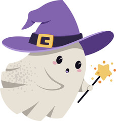 Cute Ghost in Witch Hat and Magic Wand Flat Vector Illustration Isolated on White. Halloween Character for Holiday Card Design, Party Posters, Stickers, Festive Decor. Playful Spooky Style