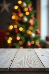 Blank white wooden table, blurred Christmas lights background, topview, tree, flatlay