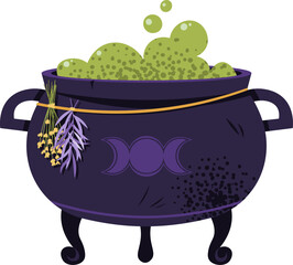 Magic Witch Cauldron with Bubbling Potion, Flat Design Vector Illustration on White Background. Halloween Clipart for Decoration, Stickers, Logo, Web Design, Party Invitations and Spooky Holiday.