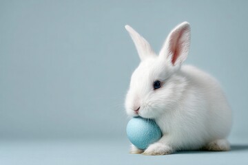 A fluffy white rabbit delicately holding a bright blue easter egg