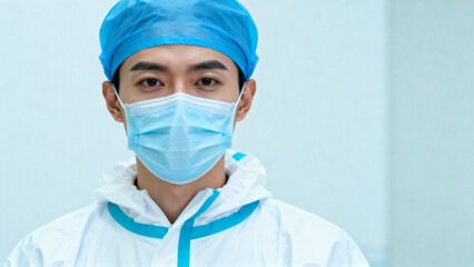 Medical professional wearing protective gear including face mask, surgical cap, and protective suit