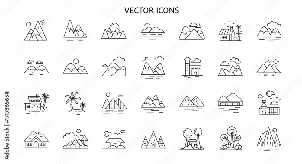 Poster collection of outlined vector icons depicting various landscapes mountains houses and natural elemen