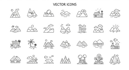 Collection of outlined vector icons depicting various landscapes mountains houses and natural elements in simple style created with generated ai