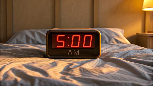 Digital alarm clock showing 5 AM on bed with morning sunlight
