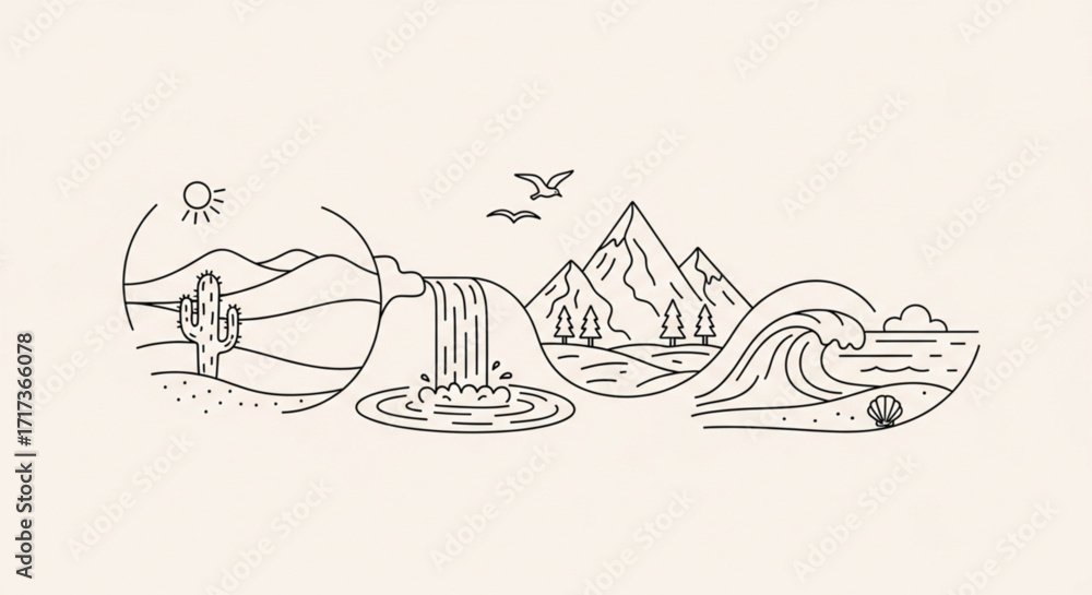 Poster Line art illustration showing desert cactus waterfall mountains and ocean scene in a minimalist style created with generated ai