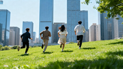 Four people running on a grassy hill with city skyscrapers in the background
