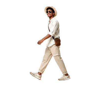 Stylish Man Walking in Summer Outfit on White Background