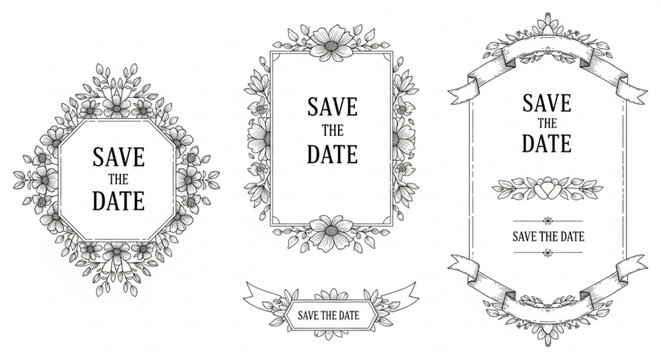 Elegant save the date frames with floral accents and banner designs for wedding invitations and announcements created with generated ai