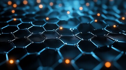 Fototapeta premium Captivating magnified view of a graphene sheet, showcasing its intricate honeycomb structure with glowing edges and realistic detail.