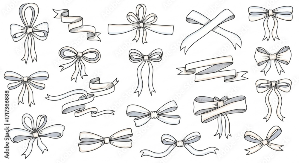 Poster illustration of a collection of decorative ribbons and bows in various styles and arrangements creat